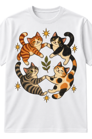 Four hand-drawn cats holding paws in a circle, surrounded by irregular starbursts and a small leaf motif.