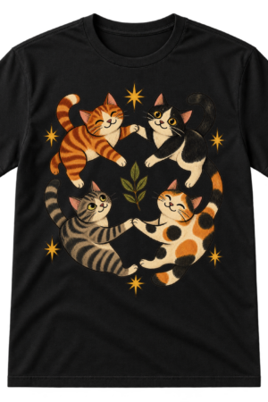 Four hand-drawn cats holding paws in a circle, surrounded by irregular starbursts and a small leaf motif.