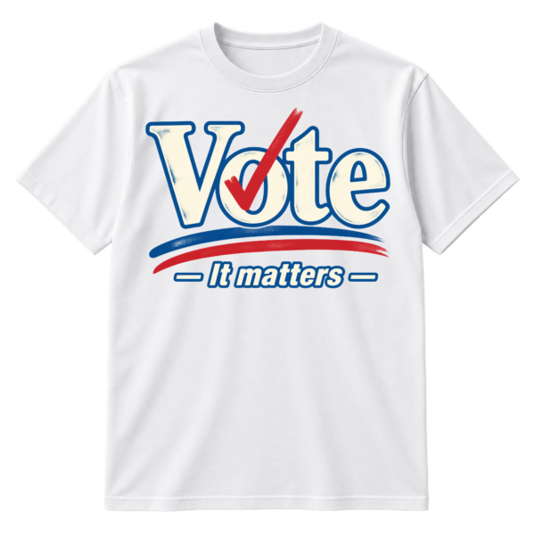 Vote It Matters typographic design with a blue checkmark through the O and red-black underline strokes.