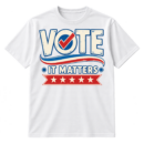 Vintage VOTE IT MATTERS graphic with a red checkmark inside the O, blue underline, and five-star ribbon.