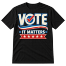 Vintage VOTE IT MATTERS graphic with a red checkmark inside the O, blue underline, and five-star ribbon.