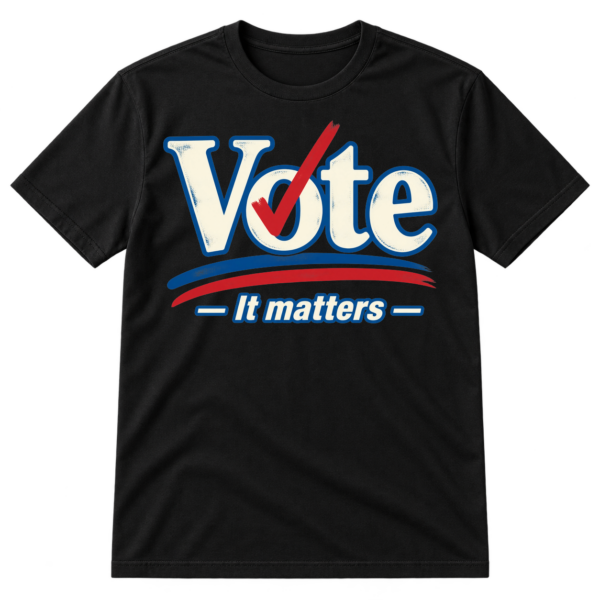 Vote It Matters typographic design with a blue checkmark through the O and red-black underline strokes.