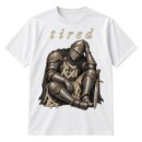 Lowercase tired text above a detailed vintage engraving of a helmeted medieval knight.