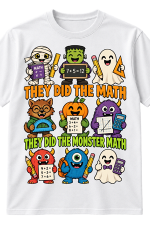 Cute vintage cartoon Halloween monsters holding math tools with the phrases THEY DID THE MATH and THEY DID THE MONSTER MATH.