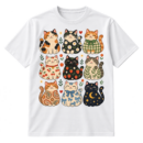 Nine smiling patterned cartoon cats arranged in a three-by-three grid with flowers, hearts, stars, and playful squiggles.