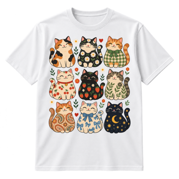 Nine smiling patterned cartoon cats arranged in a three-by-three grid with flowers, hearts, stars, and playful squiggles.