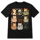 Nine smiling patterned cartoon cats arranged in a three-by-three grid with flowers, hearts, stars, and playful squiggles.