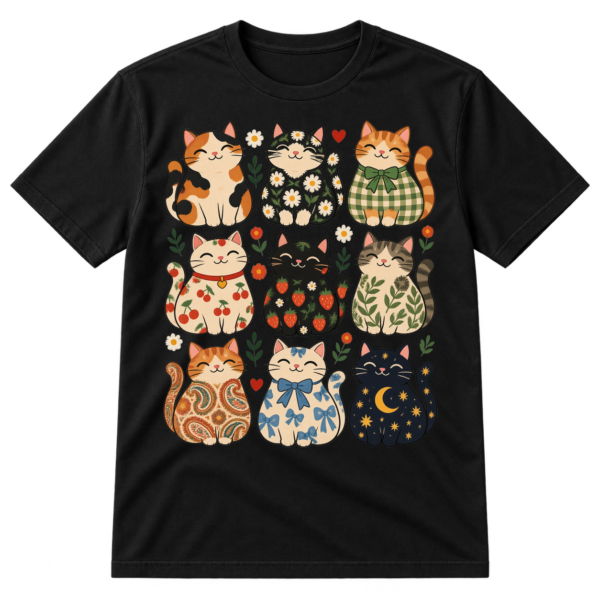 Nine smiling patterned cartoon cats arranged in a three-by-three grid with flowers, hearts, stars, and playful squiggles.