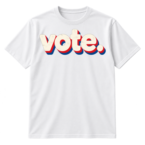 Minimalist shirt print with the word “vote.” in large lowercase lettering.
