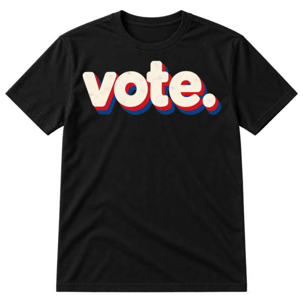 Minimalist shirt print with the word “vote.” in large lowercase lettering.