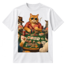 Vintage-style illustration of five cats playing poker around a table with cards, chips, a drink can, and cigarettes.