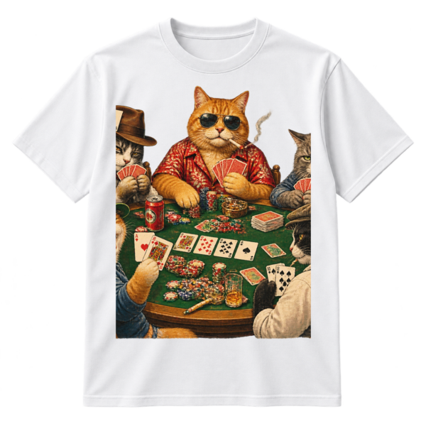 Vintage-style illustration of five cats playing poker around a table with cards, chips, a drink can, and cigarettes.