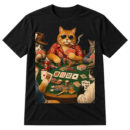 Vintage-style illustration of five cats playing poker around a table with cards, chips, a drink can, and cigarettes.