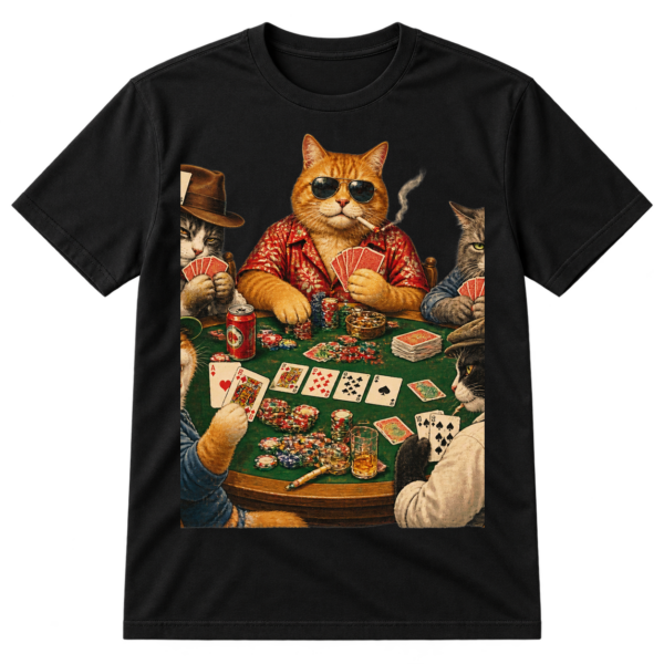 Vintage-style illustration of five cats playing poker around a table with cards, chips, a drink can, and cigarettes.