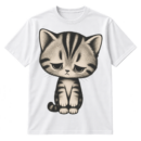 Vintage distressed illustration of a large sad striped kitten with downcast eyes and dangling paws.