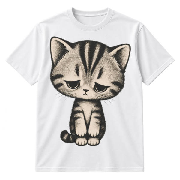 Vintage distressed illustration of a large sad striped kitten with downcast eyes and dangling paws.