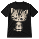 Vintage distressed illustration of a large sad striped kitten with downcast eyes and dangling paws.