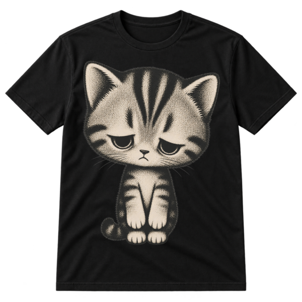 Vintage distressed illustration of a large sad striped kitten with downcast eyes and dangling paws.