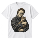 Distressed vintage illustration of a masked horror figure holding a tabby cat.
