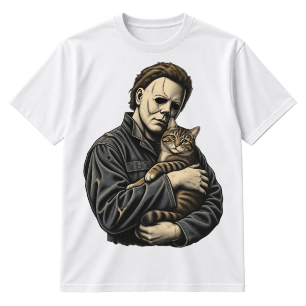 Distressed vintage illustration of a masked horror figure holding a tabby cat.