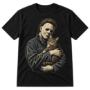 Distressed vintage illustration of a masked horror figure holding a tabby cat.