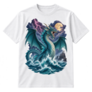 Fantasy print of a roaring winged sea dragon rising from waves amid lightning, a full moon, and a distant castle.