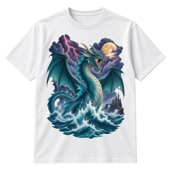 Fantasy print of a roaring winged sea dragon rising from waves amid lightning, a full moon, and a distant castle.
