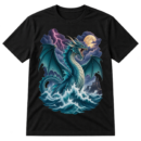 Fantasy print of a roaring winged sea dragon rising from waves amid lightning, a full moon, and a distant castle.