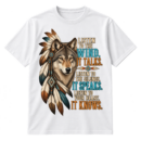 Vintage wolf illustration with feathers and the quote Listen to the wind, it talks. Listen to the silence, it speaks. Listen to your heart, it knows.