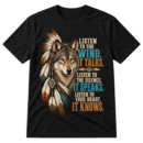 Vintage wolf illustration with feathers and the quote Listen to the wind, it talks. Listen to the silence, it speaks. Listen to your heart, it knows.