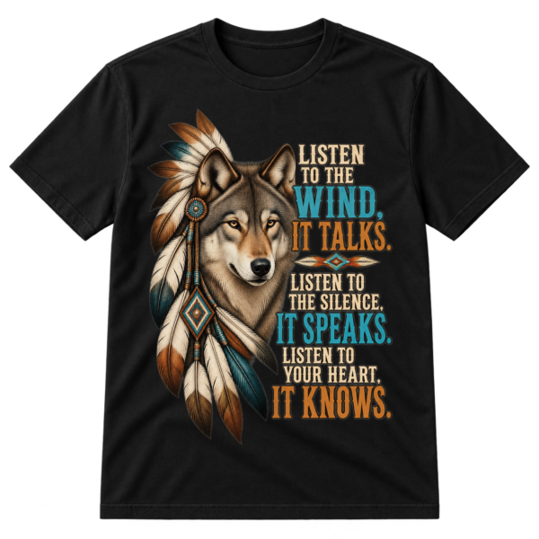 Vintage wolf illustration with feathers and the quote Listen to the wind, it talks. Listen to the silence, it speaks. Listen to your heart, it knows.
