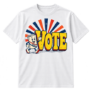 Vintage-style graphic with large distressed VOTE lettering, striped sunburst rays, and a smiling cartoon bill character wearing a BILL sash.