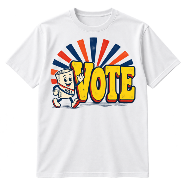 Vintage-style graphic with large distressed VOTE lettering, striped sunburst rays, and a smiling cartoon bill character wearing a BILL sash.
