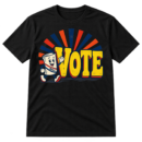 Vintage-style graphic with large distressed VOTE lettering, striped sunburst rays, and a smiling cartoon bill character wearing a BILL sash.