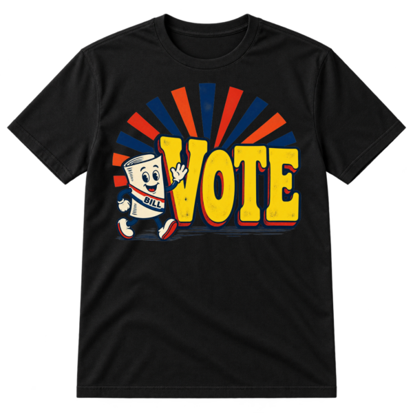 Vintage-style graphic with large distressed VOTE lettering, striped sunburst rays, and a smiling cartoon bill character wearing a BILL sash.