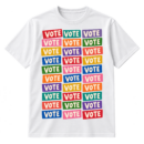 Colorful grid of thirty retro sticker shapes, each printed with the word VOTE.