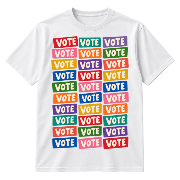 Colorful grid of thirty retro sticker shapes, each printed with the word VOTE.