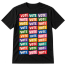 Colorful grid of thirty retro sticker shapes, each printed with the word VOTE.