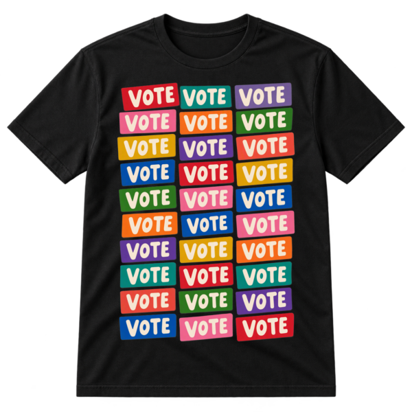 Colorful grid of thirty retro sticker shapes, each printed with the word VOTE.