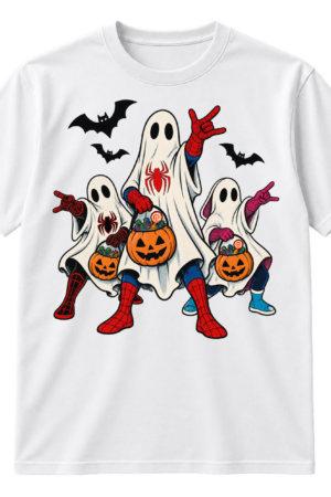 Three sheet ghosts in red-and-blue web-themed superhero costumes carry jack-o'-lantern candy buckets while bats fly overhead.
