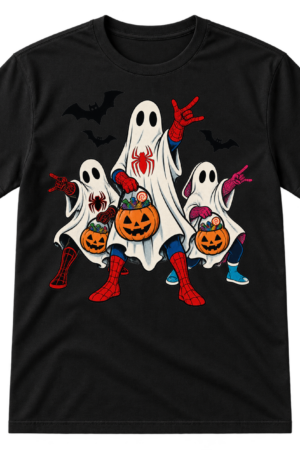 Three sheet ghosts in red-and-blue web-themed superhero costumes carry jack-o'-lantern candy buckets while bats fly overhead.