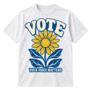 Bold VOTE text above a stylized flower and leaves with the caption YOUR VOICE MATTERS.