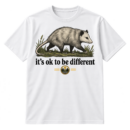 Vintage line-art opossum walking through grass above the text “it’s ok to be different,” with a National Geographic logo beneath.