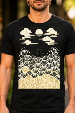 Black Cat Japanese Waves Tshirt