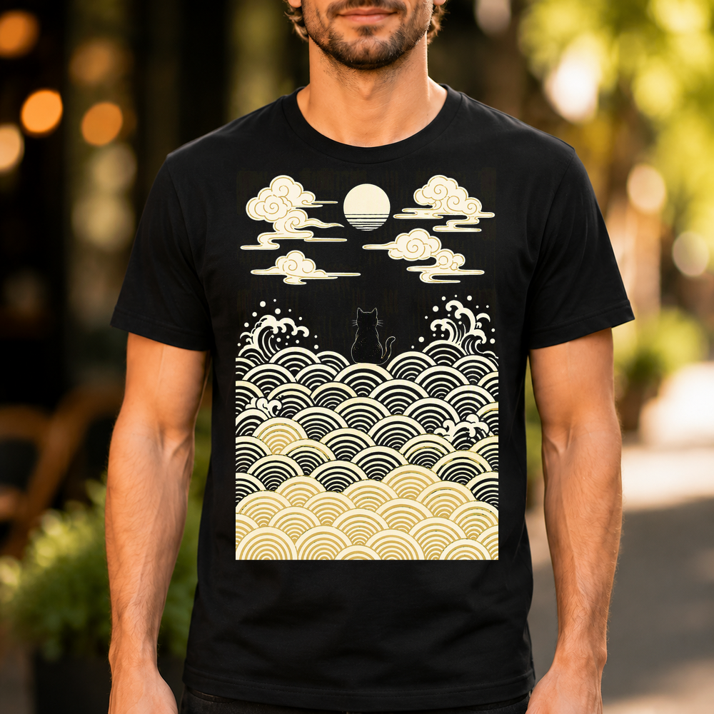 Black Cat Japanese Waves Tshirt