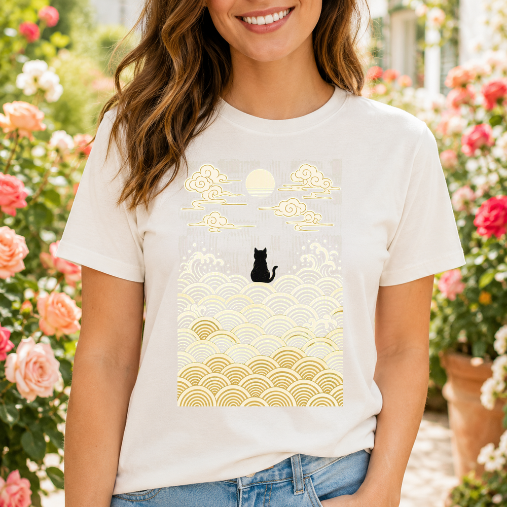 Black Cat Japanese Waves Tshirt