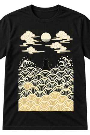 Black Cat Japanese Waves Tshirt