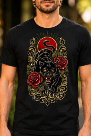 Black Panther Roses Traditional Tattoo Tshirt