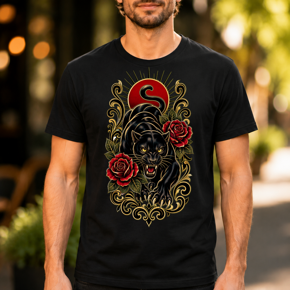 Black Panther Roses Traditional Tattoo Tshirt