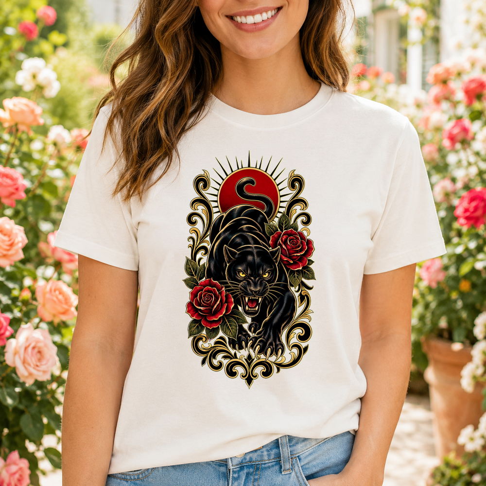 Black Panther Roses Traditional Tattoo Tshirt